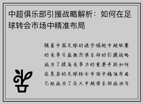中超俱乐部引援战略解析：如何在足球转会市场中精准布局