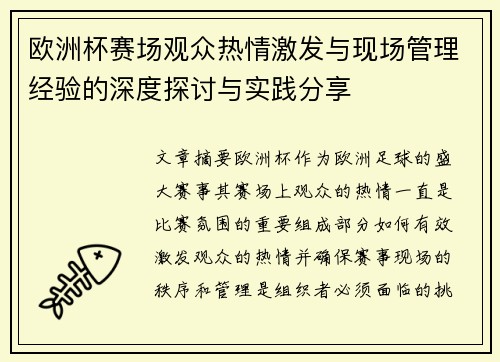 欧洲杯赛场观众热情激发与现场管理经验的深度探讨与实践分享
