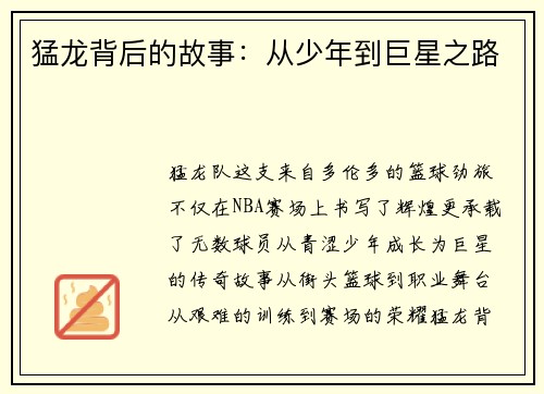 猛龙背后的故事：从少年到巨星之路